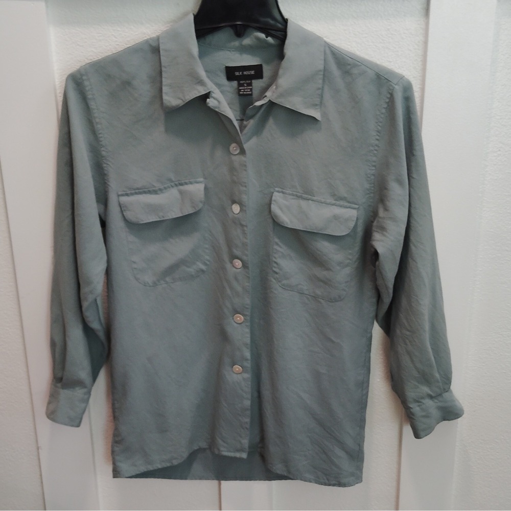 Silk House Womens S Seafoam Blue 100% Silk Collared Button-Up Long Sleeve Blouse